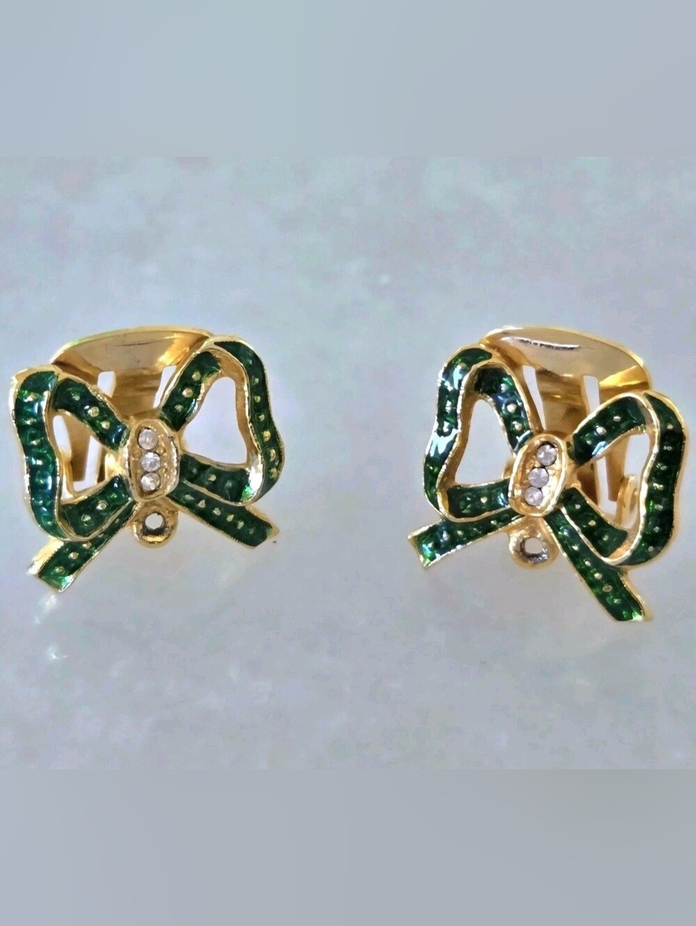 Vintage Green Bow & Rhinestone Clip-On Earrings